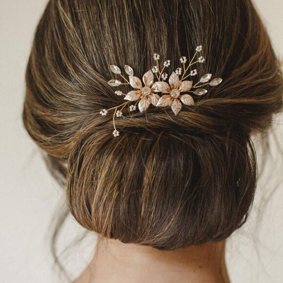 Gold Bridal Hair Comb Handmade Wedding Accessory Floral Rhinestone Women